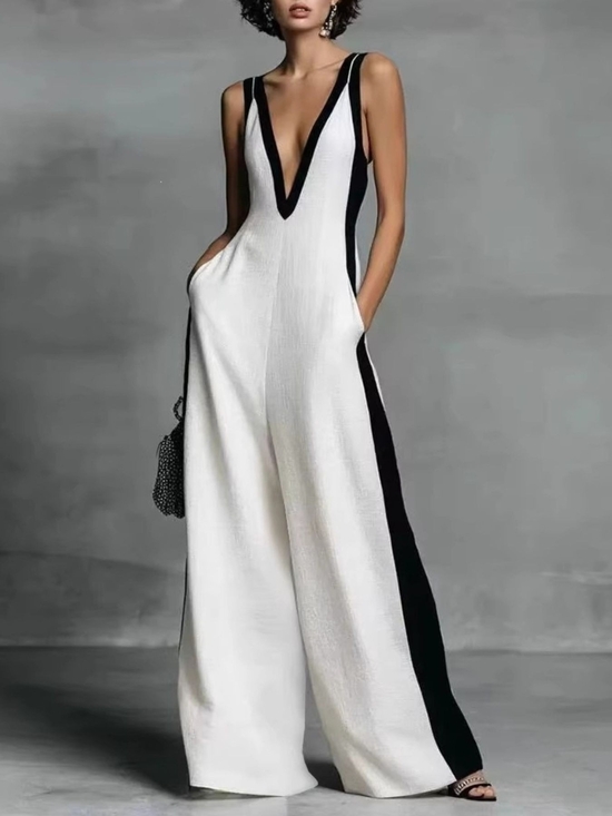 Lovely Rosetta Pants - Women's Ivory V-Neck Wide-Leg Jumpsuit with Black Side Panels